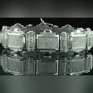 Solid Sterling Silver 17 Carats Of Moissanite Custom Bracelet Mens  8.5"